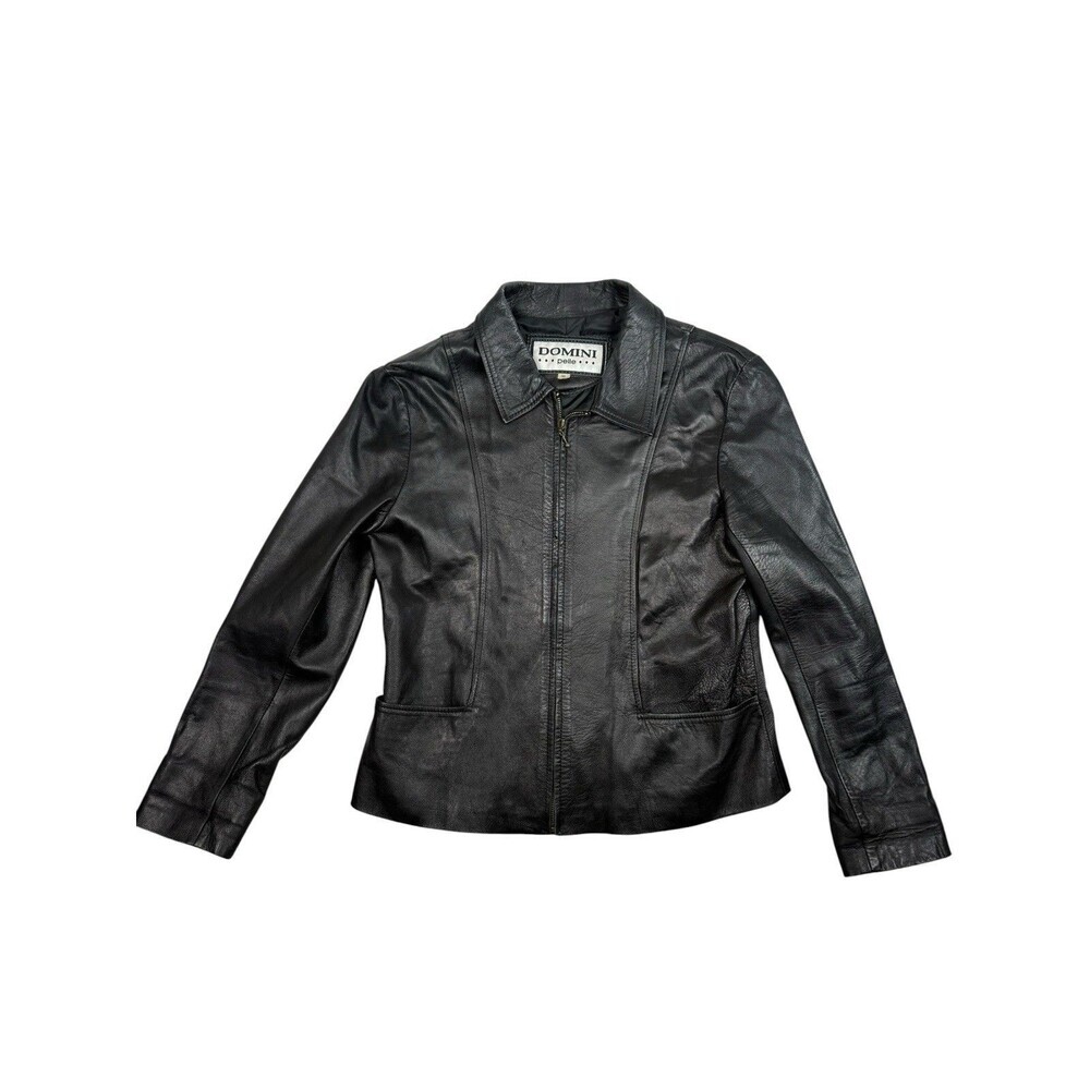 Vintage Leather Jacket 80s Domini Pelle Black Genuine XL Minimalist Pockets Zip
